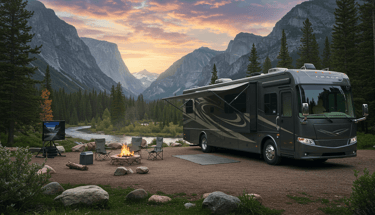 Class A RV at a remote campsite with internet access via satellite