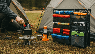 Camper using cookware and organizer, the benefit of using camping hacks for a stress-free trip