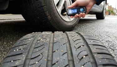 Checking tyre pressure with digital gauge on UK car tyre — underinflation causes higher fuel consumption