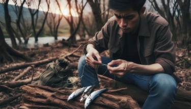 a man holding a fish hook in the wilderness, with fish in front