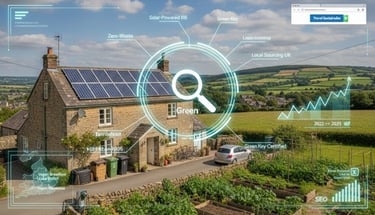 Sustainable B&B with solar panels and garden, illustrating 'Green Search' SEO concepts and eco-focus