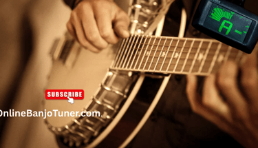 A person tuning a 5-string banjo using a online tuner  for a perfect pitch.