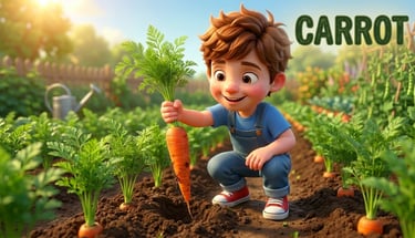 A young boy harvesting a fresh orange carrot from a sunny vegetable garden.