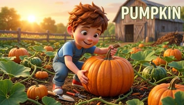 A young boy picking a large orange pumpkin in a sunny autumn pumpkin patch garden near a barn.