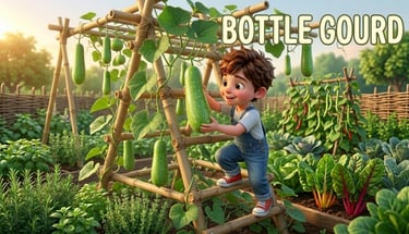 A young boy harvesting fresh green bottle gourds from a bamboo trellis in a sunny vegetable garden.