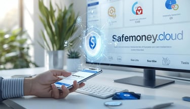 A secure digital payment app on a smartphone with holographic shield protection for cloud banking safety.