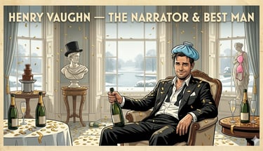 Henry Vaughn sitting in a messy room after a wedding party holding a champagne bottle.