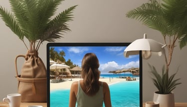 A vibrant urban street filled with open-air markets, colorful buildings, and a solo female traveler smiling as she explores.