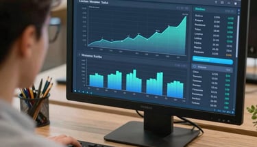 A person analyzing data on a computer monitor displaying financial growth charts and analytics.