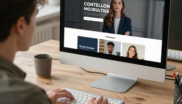Man typing on a desktop computer keyboard viewing a professional website design on a monitor.