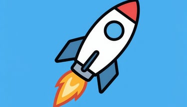 Flat cartoon rocket ship illustration launching with orange flames on a blue background.