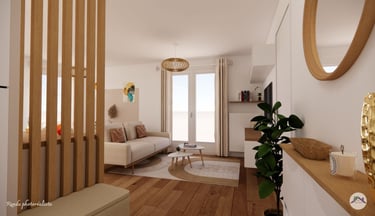 Aménagement entrée et salon moderne couleur neutre canapé beige 
