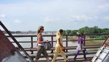 crossing the rail bridge to the Taj mahal, Agra, Utter Pradesh, India