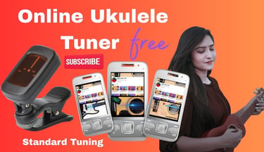 Woman using a free online ukulele tuner app on mobile phones with a digital clip-on tuner.