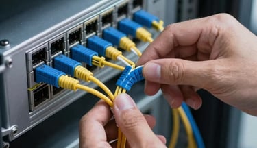 Close-up overhead shot of a network engineer's hands routing fiber optic cables into a patch panel inside a rack cabinet, cool clinical overhead lighting, blurred server equipment in background, precise cable management visible, no faces