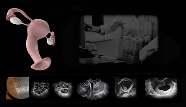 Image showing the uterus and ovaries with various ultrasound images and Doppler of same.