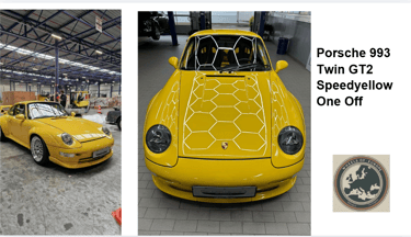 A 'One Off' Porsche 993 Twin GT2 in Speedyyellow, managed by Wheels of Europe 