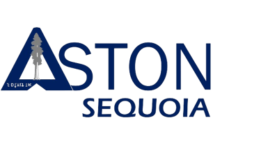 Aston Sequoia company logo featuring a blue triangle with a grey sequoia tree icon.