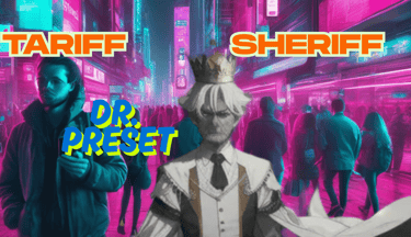 Dr. Preset Tariff Sheriff anime character in a neon cyberpunk city with futuristic pink lighting.