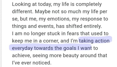 Client testimonial describing how their fear and responses to life shifted entirely after RTT