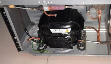 LG refrigerator compressor unit exposed for diagnosis and warranty claim – copper tubing and mountin