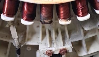 Close-up of damaged LG washer stator with visible burn marks and corrosion – associated with LE erro
