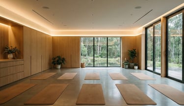 Flexible wellness studio design adapted for yoga, functional fitness, and meditation.