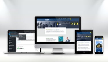 a desktop computer monitor, tablet and phone devices with a desktop screen displaying a website