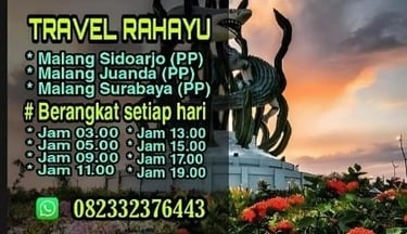 Travel Rahayu schedule for Malang to Surabaya and Juanda routes with departure times and contact number.