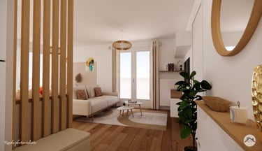 Aménagement entrée et salon moderne couleur neutre canapé beige 