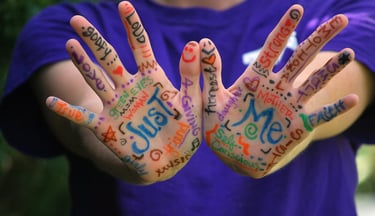 an assortment of words written on a child's hands, world of words