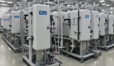 A sleek, modern laboratory water purification system is placed on a stainless steel countertop. The device is predominantly white with a digital control display at the top, featuring the brand logos 'Rephile' and 'Genie'. Surrounding the unit are various laboratory fixtures, including pipes, a pressure gauge, and a clipboard with documentation. A plug with cords is connected on the side, alongside a small transparent container.