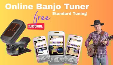 A musician tuning his  banjo  the online  mobile apps for free online banjo tuning.