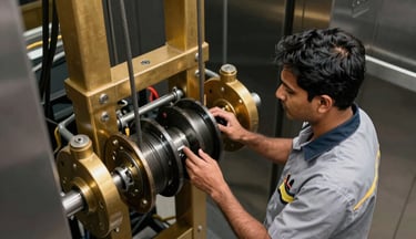 A high-angle professional photograph of a maintenance technician in a clean corporate uniform inspecting elevator hoist cables and pulleys. The setting is a modern mechanical room in a South Asian city building. Lighting is crisp and clean, highlighting gold and black industrial components to match a premium corporate aesthetic.