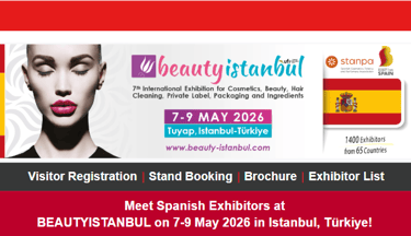 Beauty Istanbul 2026 cosmetics exhibition banner featuring Spanish exhibitors in Istanbul, Turkey.