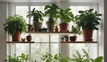 Indoor shelves filled with lush tropical houseplants in terracotta pots near a bright window.