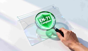 A magnifying glass over PVC material reveals "EN-71 Compliant" text, symbolizing foresight.