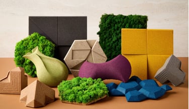 Modern acoustic wall panels and decorative 3D textures in various geometric shapes and earthy colors.