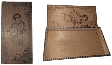 Old vintage wood box with an image of a woman holding a basketball 1910s