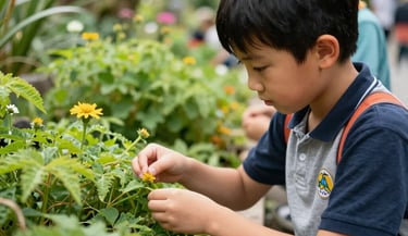 An elementary school child inspecting green plants outdoors during a homeschool science walk in British Columbia, vibrant natural setting.