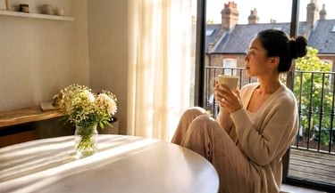 woman sitting peacefully by window in morning light — healthy morning routine for women