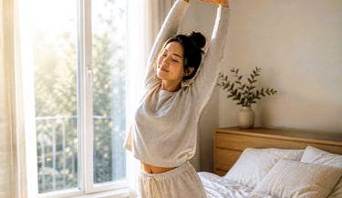 woman stretching arms by window in morning — micro habits morning routine no workout needed