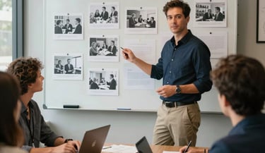 A creative marketing director presenting visual campaign concepts on a board to team members in a comfortable agency conference room in Florida.