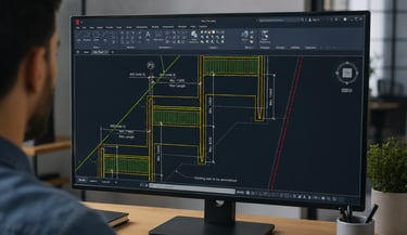 An architect reviews detailed CAD site plans and blueprints on a large computer monitor.