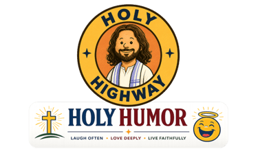 Cartoon style logo of the Holy Highway on a foundation of Holy Humor