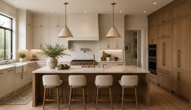 Modern luxury kitchen with marble countertops, wood island, and pendant lighting.
