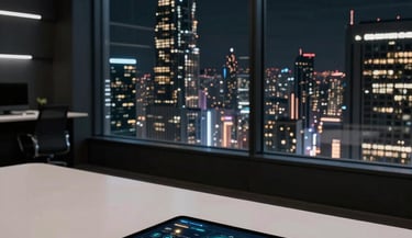 A wide-angle interior photograph of a dark, high-tech workspace. A large window overlooks a futuristic cityscape at night. On a sleek table, a digital tablet displays glowing business analytics in electric cyan and starlight gold. The room is mostly cosmic black and soft off-white.