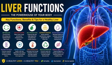 Colorful medical infographic explaining major liver functions
