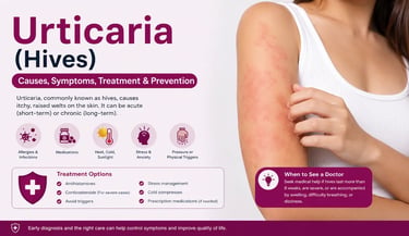 Medical infographic showing urticaria (hives) with its causes, symptoms, treatment options