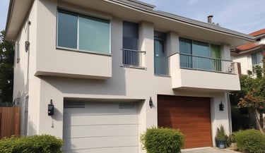 A multi-story house with intricate architectural details, featuring steep, pointed roofs and multiple windows. A large blue banner with white text 'For Sale Exclusivity' partially covers the front of the building. The structure is surrounded by lush green trees.